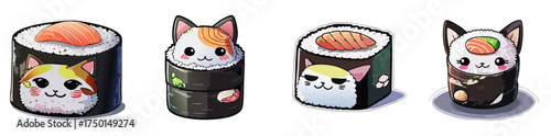 Cute Sushi Cat Vector Set — Adorable Kawaii Cat Rolls with Salmon and Toppings