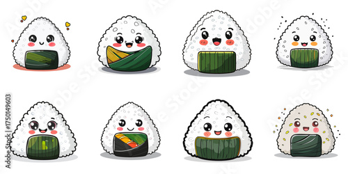 Kawaii Onigiri Vector Set — Cute Rice Ball Characters with Seaweed Wraps and Fun Toppings