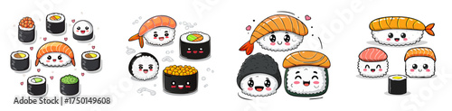 Kawaii Sushi Vector Set — Cute Nigiri, Maki, and Roll Characters with Playful Expressions