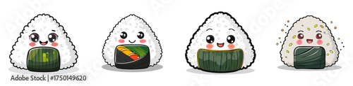 Kawaii Onigiri Vector Set — Cute Rice Ball Characters with Seaweed Wraps and Fun Toppings