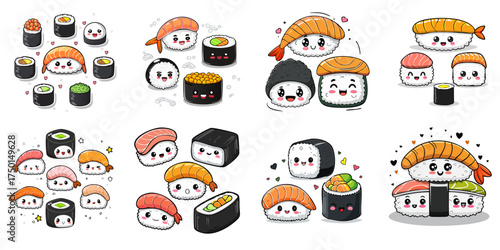 Kawaii Sushi Vector Set — Cute Nigiri, Maki, and Roll Characters with Playful Expressions