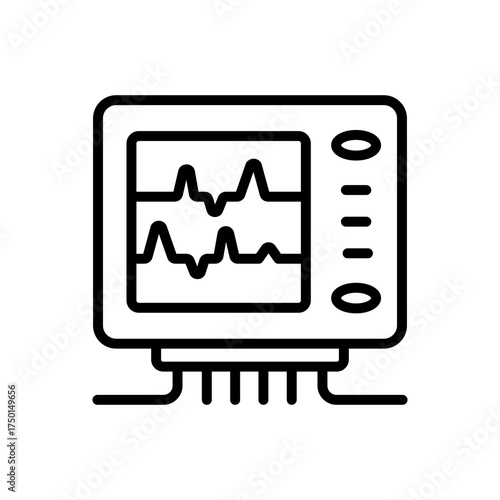 Cardiogram monitoring outline icon. Holter monitoring system. Heart beats symbol on screen. Cardiogram sign on white background. Vector simple illustration.