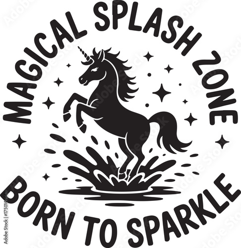 Black silhouette unicorn in water splash with stars Religious Symbol white