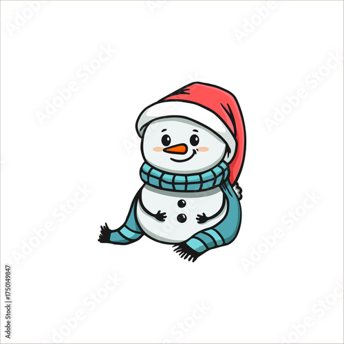 cute cartoon snowman with a scarf. Doodle style. Christmas card with snowman. Vector
