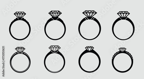 Collection of elegant diamond engagement rings in a simple black and white style
