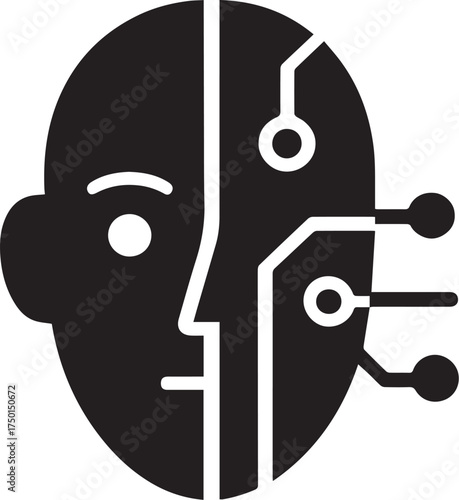 Human-AI hybrid face split by digital line seam silhouette icon on white background