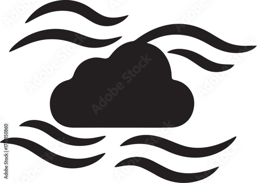 Network cloud with flowing data waves around edgessilhouette icon