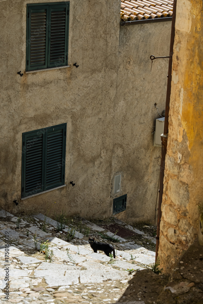 Fototapeta premium Sclafani Bagni, a small historic Sicilian mountain village perched on cliffs, featuring traditional stone houses, narrow streets, and panoramic views of the rugged Madonie Mountains, Sicily, Italy