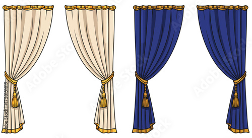Elegant drapes in cream and royal blue with gold accents displayed