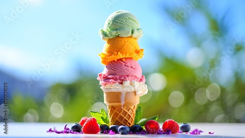 Towering delight refreshing ice cream cone with variety of flavors and vibrant berries