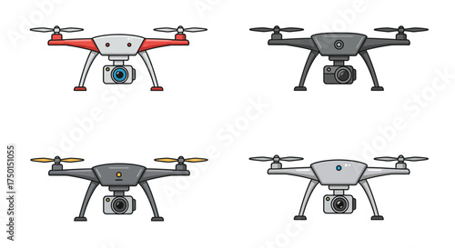 Four colorful drones with cameras displayed on a white background