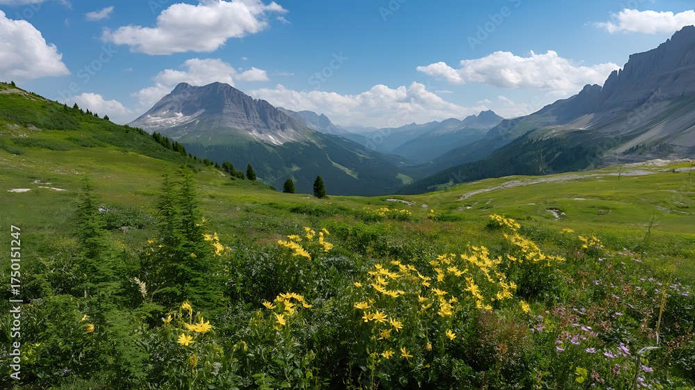 Fototapeta premium Vast green valley stretches towards distant, majestic mountains under a bright sky.