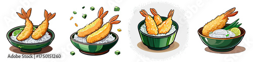 Tempura Shrimp Rice Bowl Vector Set — Crispy Ebi Donburi Illustrations for Menus, Prints & Digital Design
