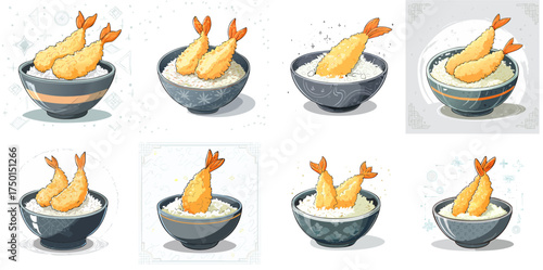 Tempura Shrimp Rice Bowl Vector Set — Crispy Ebi Donburi Illustrations for Menus, Prints & Digital Design