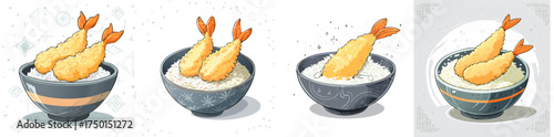 Tempura Shrimp Rice Bowl Vector Set — Crispy Ebi Donburi Illustrations for Menus, Prints & Digital Design