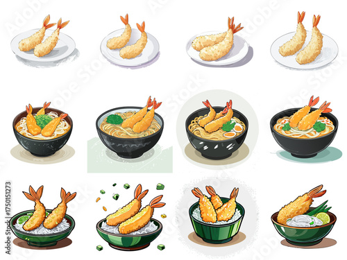 Tempura Vector Set — Crispy Shrimp Tempura, Rice Bowls & Noodle Dishes in Japanese Style