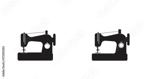 Two black silhouettes of vintage sewing machines are prominently displayed