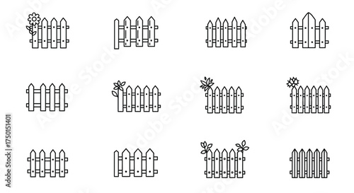Simple black and white illustration of various picket fence designs and flowers