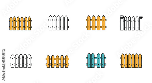 Collection of colorful wooden picket fences in various styles and arrangements