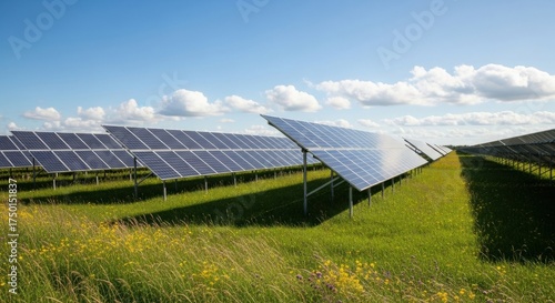 Expansive Solar Farm Under a Bright Blue Sky with Fluffy Clouds and Wildflowers