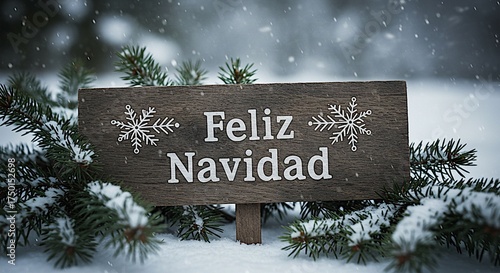 Feliz Navidad Wooden Sign With Snowy Evergreen Branches For Christmas Decor