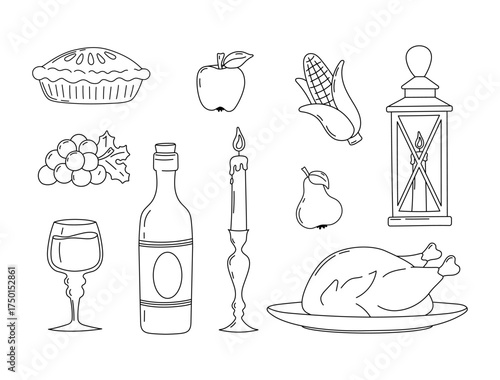 Black and white vector illustration of Thanksgiving elements, including turkey, pie, wine, candle, grapes, and fruits. Perfect for coloring pages, autumn designs, and festive holiday projects.