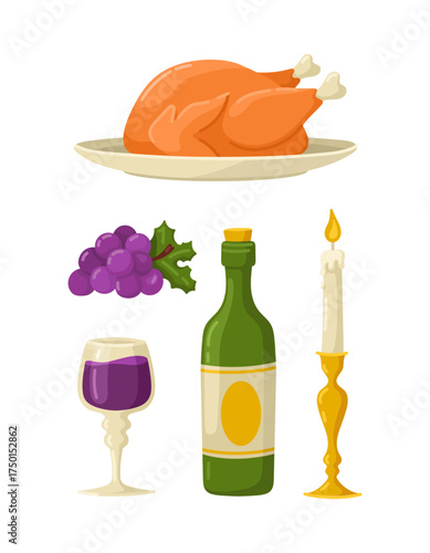 Vector illustration showing roasted turkey grapes wine bottle glass and candle. Perfect for Thanksgiving celebration autumn dinner designs restaurant menus and festive invitations.