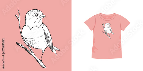 T-shirt with bird pattern. Women jersey, sport uniform kit, short fashion top, round neck blouse. Sketch Illustration. Template mock up.
