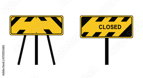 Two warning signs depicting a road closure are prominently displayed