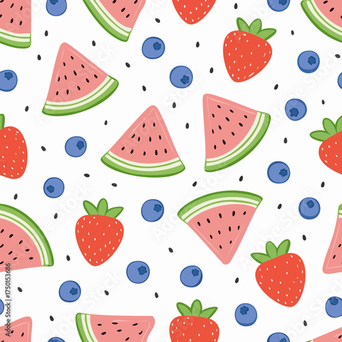 Berry and Melon Seamless Pattern with Strawberries, Blueberries, and Watermelons — Fresh Summer Vector Background