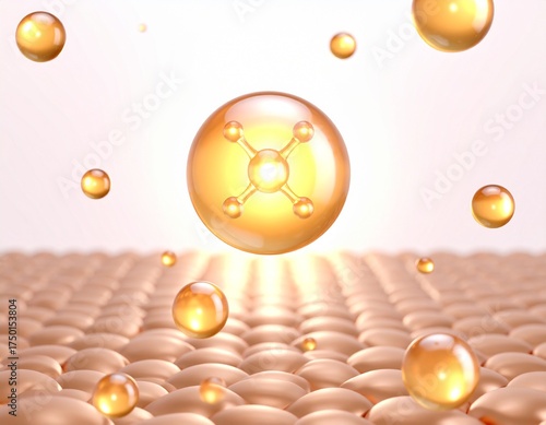 ゴールドの美容成分カプセルが肌に浸透する高保湿スキンケアイメージ ジェネレーティブAI