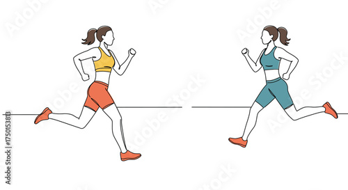 Two women running in mirrored positions depicted in a minimalist line art style