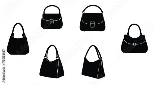Collection of stylish black handbags and purses in various shapes