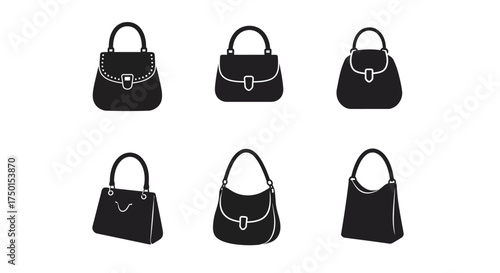 Collection of minimalist black handbag silhouettes in various styles and shapes