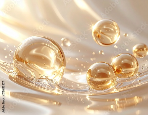 シャンパンゴールドに輝く美容オイルの艶やかなスキンケアイメージ ジェネレーティブAI