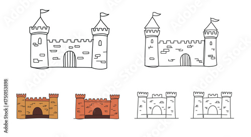 Simple castle drawings and colored variations showcasing different design styles