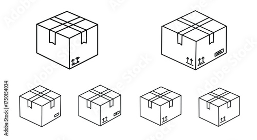 Line art illustration depicting several cardboard boxes of varying sizes