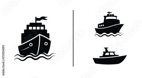 Black silhouette icons depict a large ship and smaller boats at sea