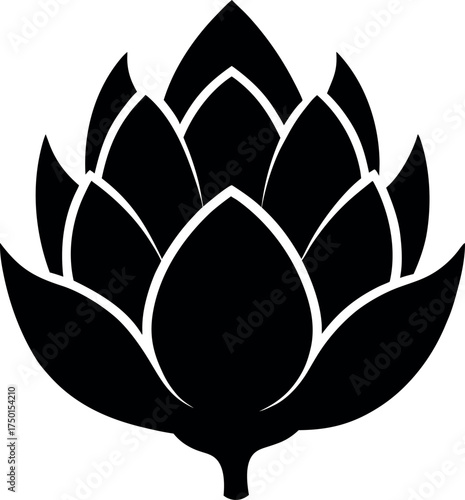 Black Artichoke Silhouette with Layered Pointed Leaves and Stem for Culinary and Botanical Icon Use