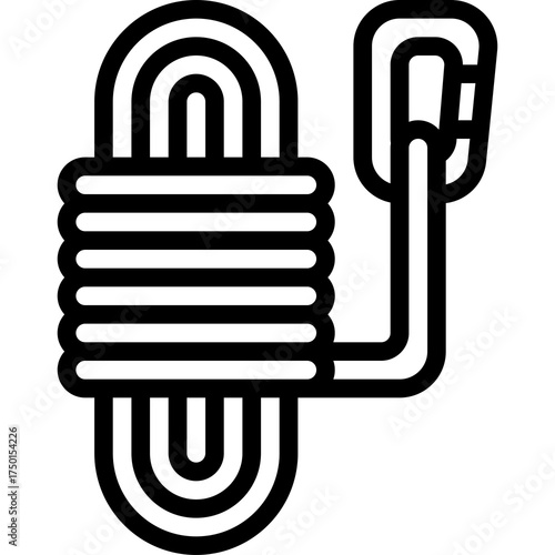Black And White Icon Of A Coil Rope With Attached Carabiner On A Transparent Background Representing Climbing Equipment Safety Gear And Outdoor Adventure Activities