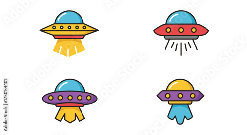 Colorful cartoon illustrations of four different flying saucer spaceship designs