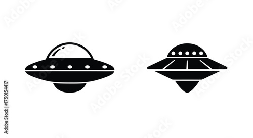 Simple black and white illustration of two different flying saucer designs