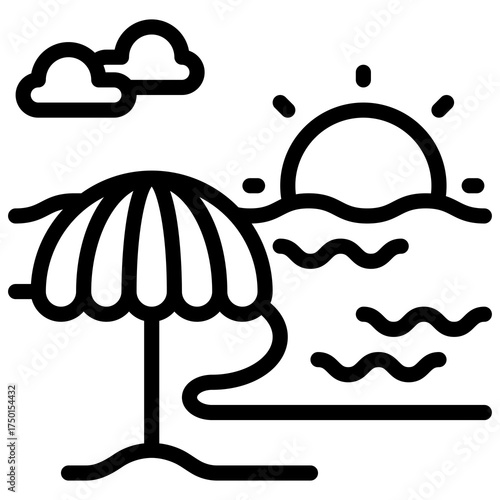 Beach Umbrella On Sand With Ocean Waves And Sun In The Sky Line Drawing Illustration