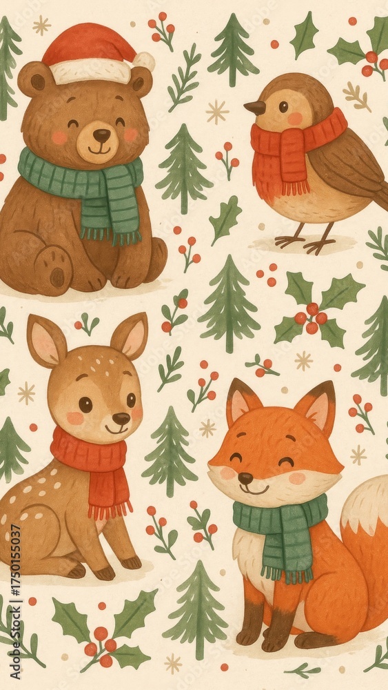 Fototapeta premium Cute festive animals winter mobile wallpaper