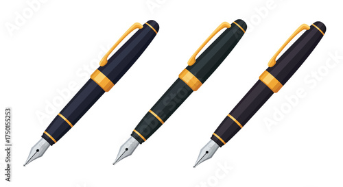 Three elegant fountain pens with black bodies and gold accents displayed