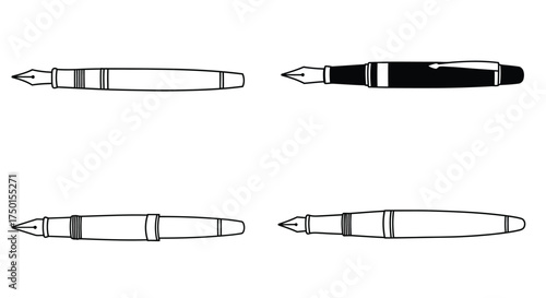 Four different views of fountain pens presented in a simple line style