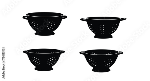 Four black silhouette images of kitchen colanders on a white background