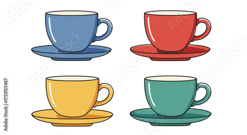 Colorful ceramic cups and saucers arranged in a simple illustrative design