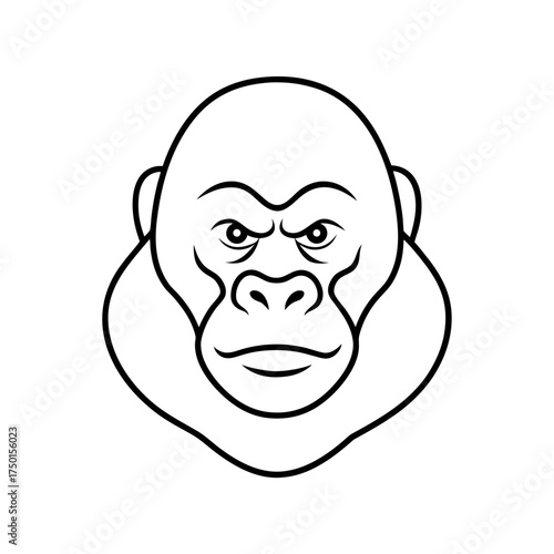 Illustration of a gorilla head in black and white on transparent background