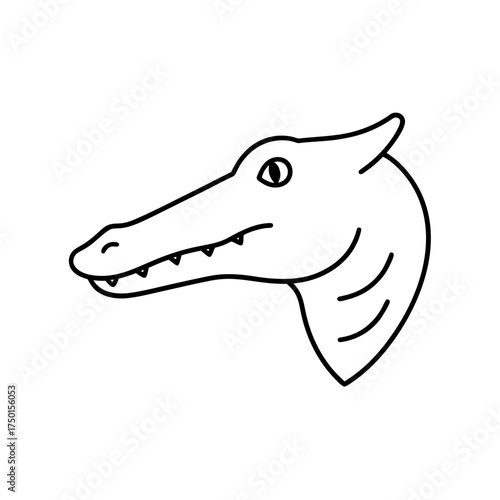 Outlined cartoonish head of a dinosaur with a horn on transparent background